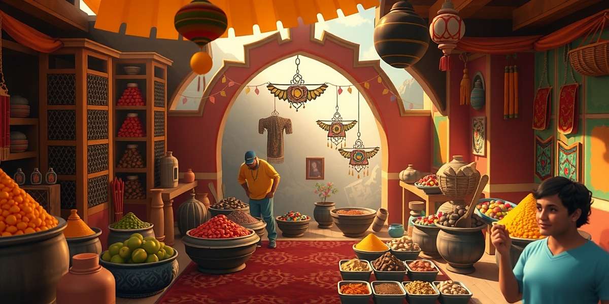 Cumin Rise Overlord gameplay showing spice market with traders and different Indian spices